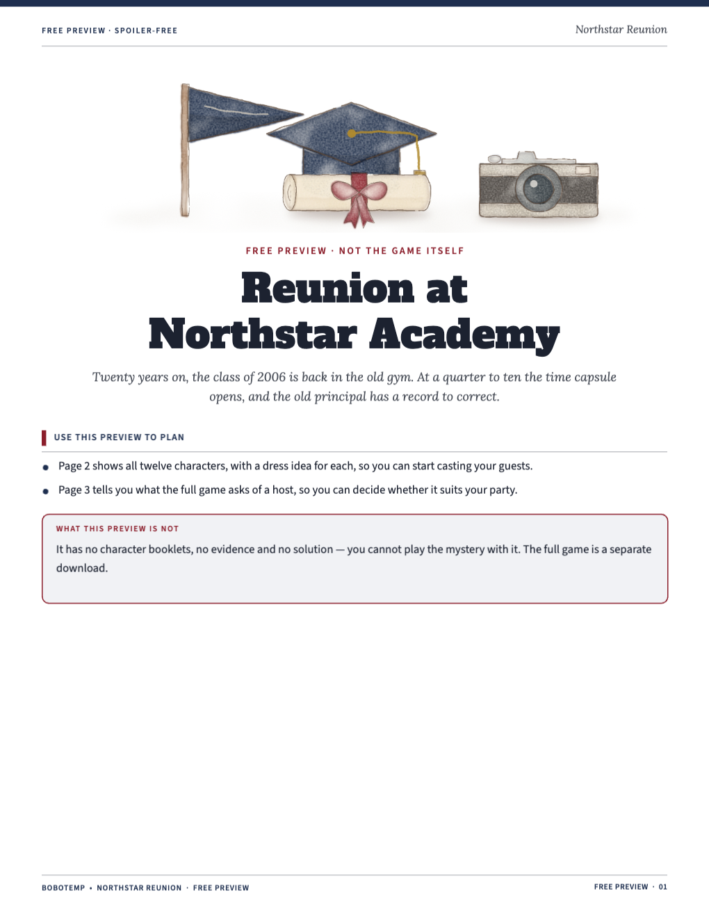 Cover of the free preview with a school pennant, a graduation cap, a rolled diploma and an old camera