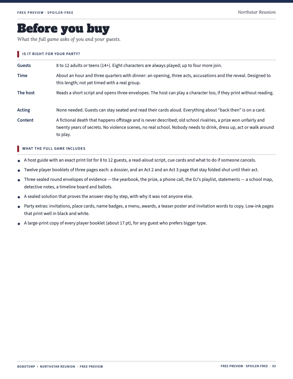 Planning page: guests, time, the host’s role and what the full game includes