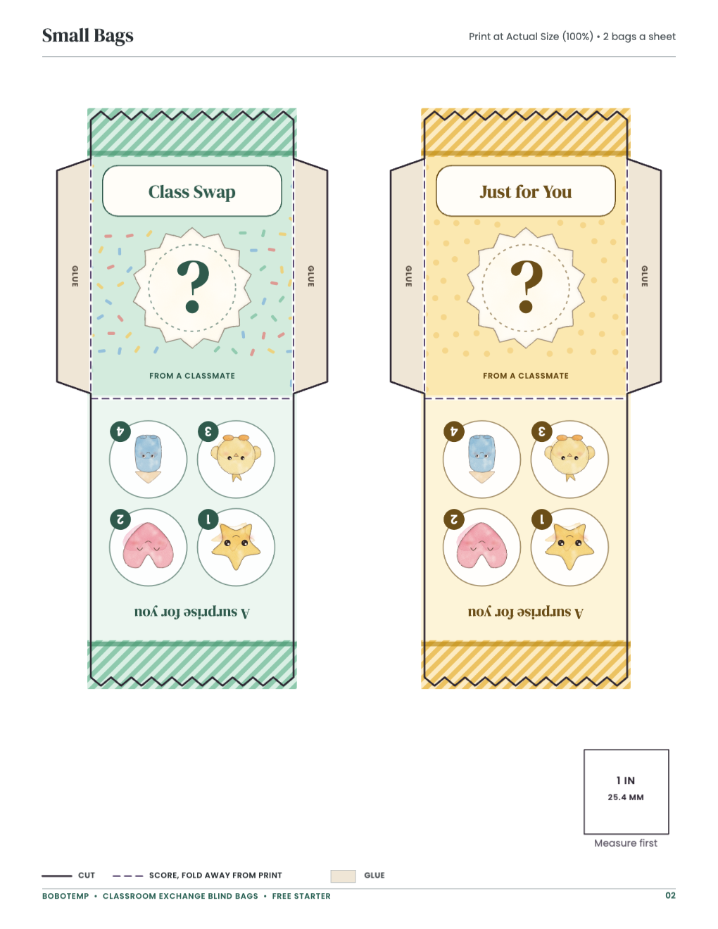 Small Bags: bag templates with cut, score and glue lines and a 1-inch square