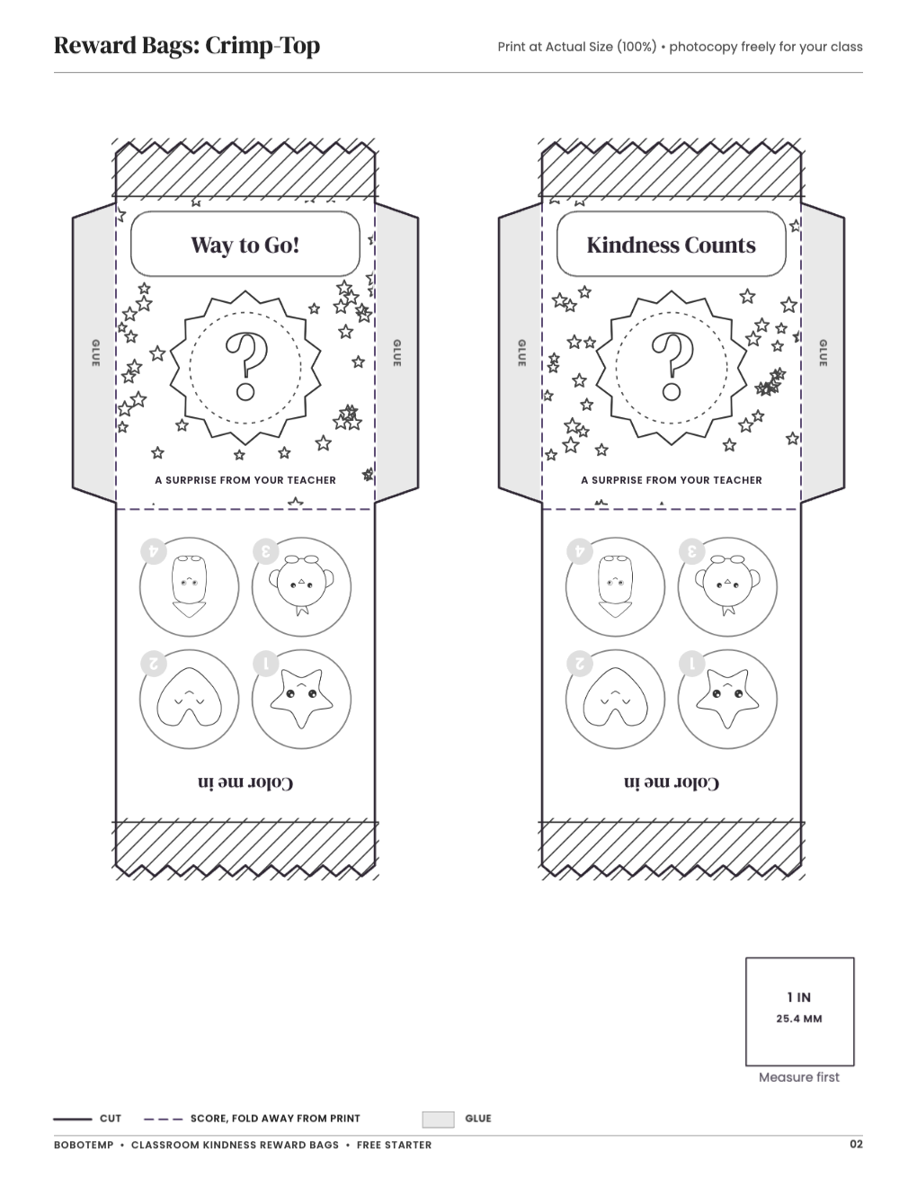 Reward Bags: Crimp-Top: bag templates with cut, score and glue lines and a 1-inch square