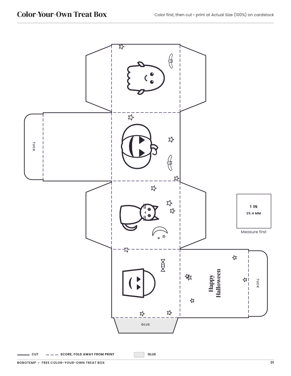 Color-your-own cube template with cut and score lines and a one-inch square