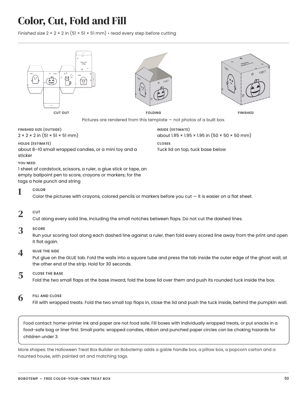 Building steps with rendered pictures of the cut-out, folding and finished box