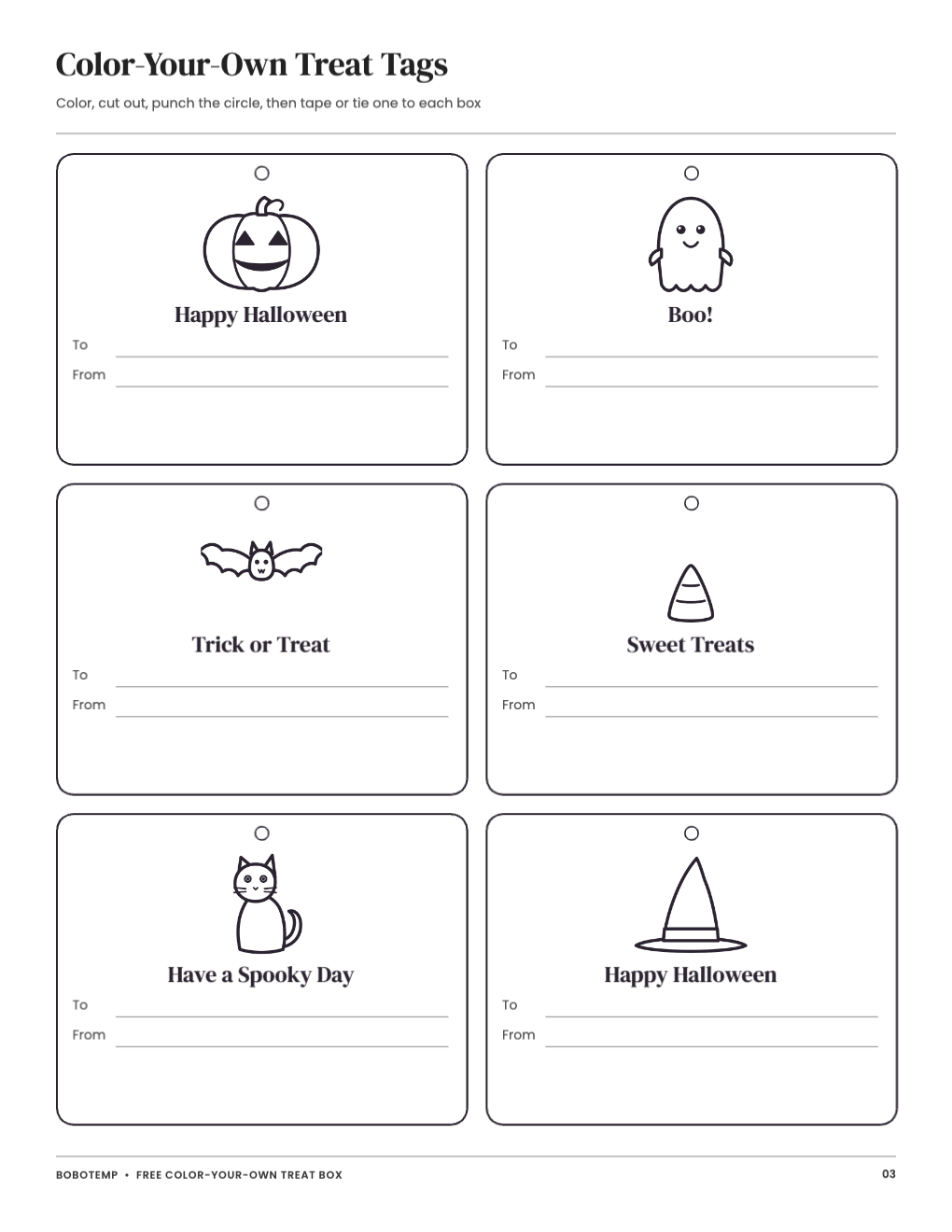 Six color-in Halloween gift tags