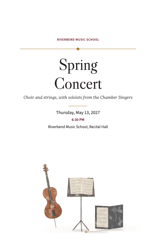 Concert program cover with a cello, a music stand with a score, a choir folder and a baton