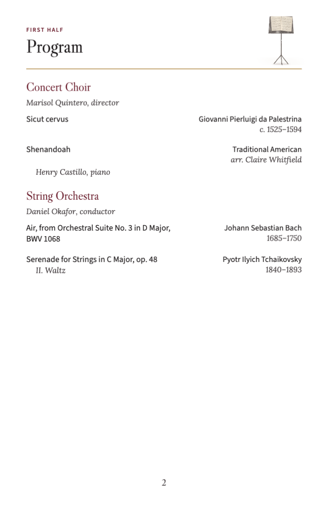 Program page: Concert Choir and String Orchestra sets with conductors