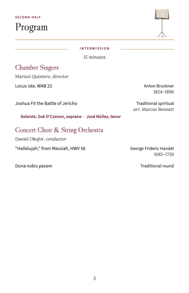 Program page: intermission, Chamber Singers with two soloists, and the combined finale