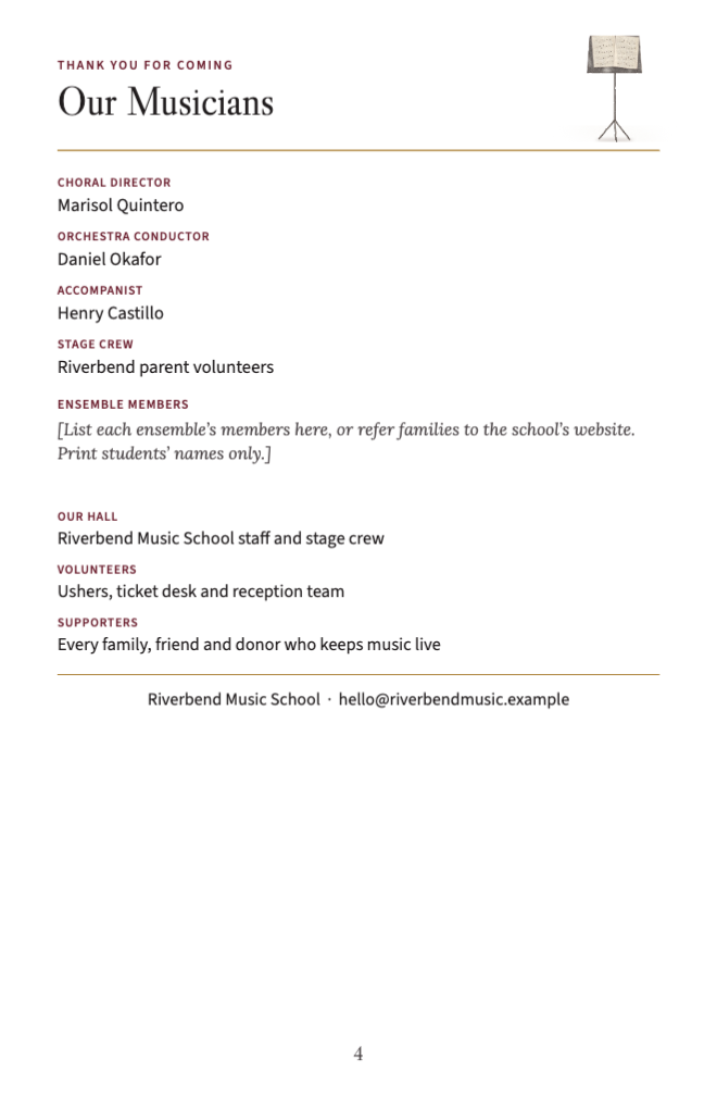 Back page with directors, ensemble members and thank-yous