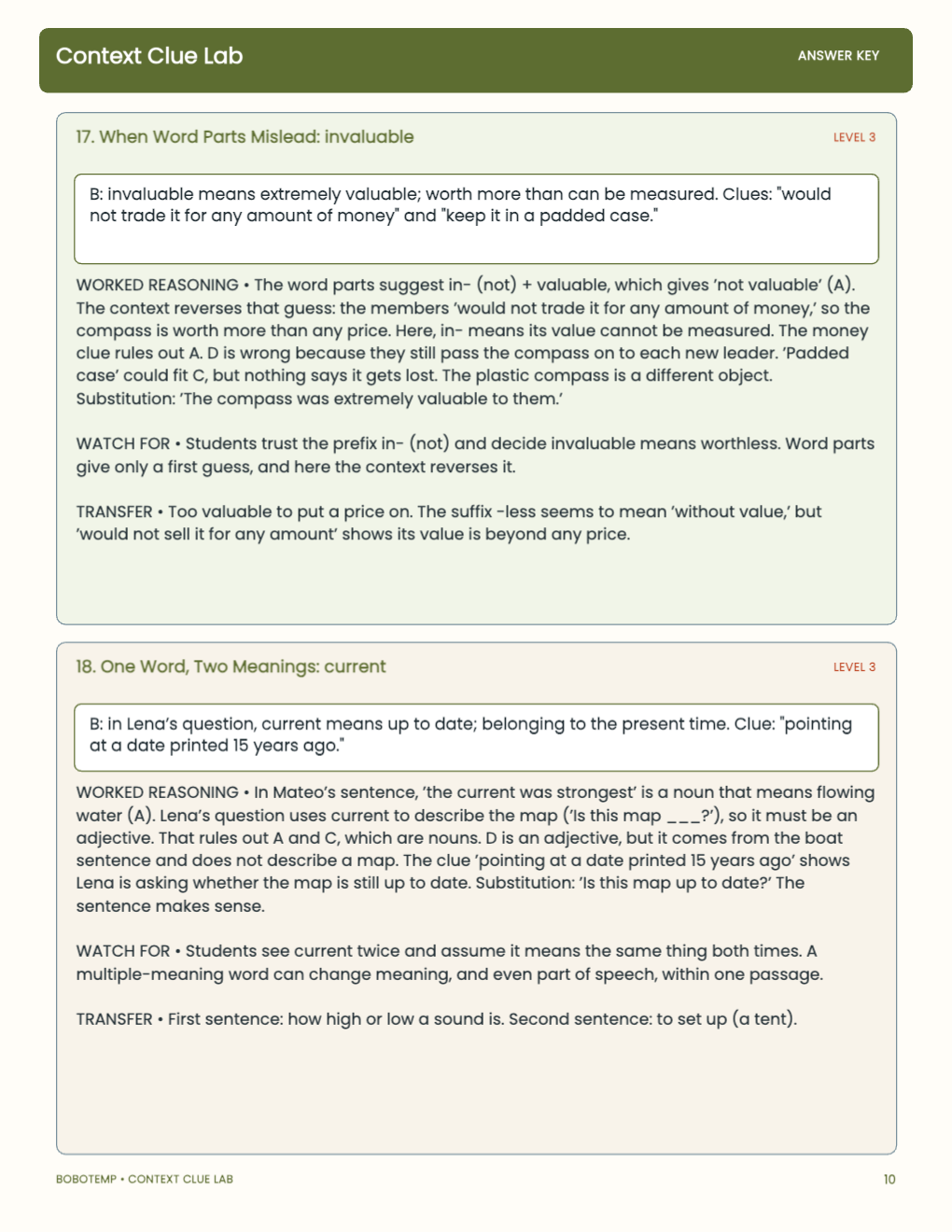 Context Clue Lab worked answer page