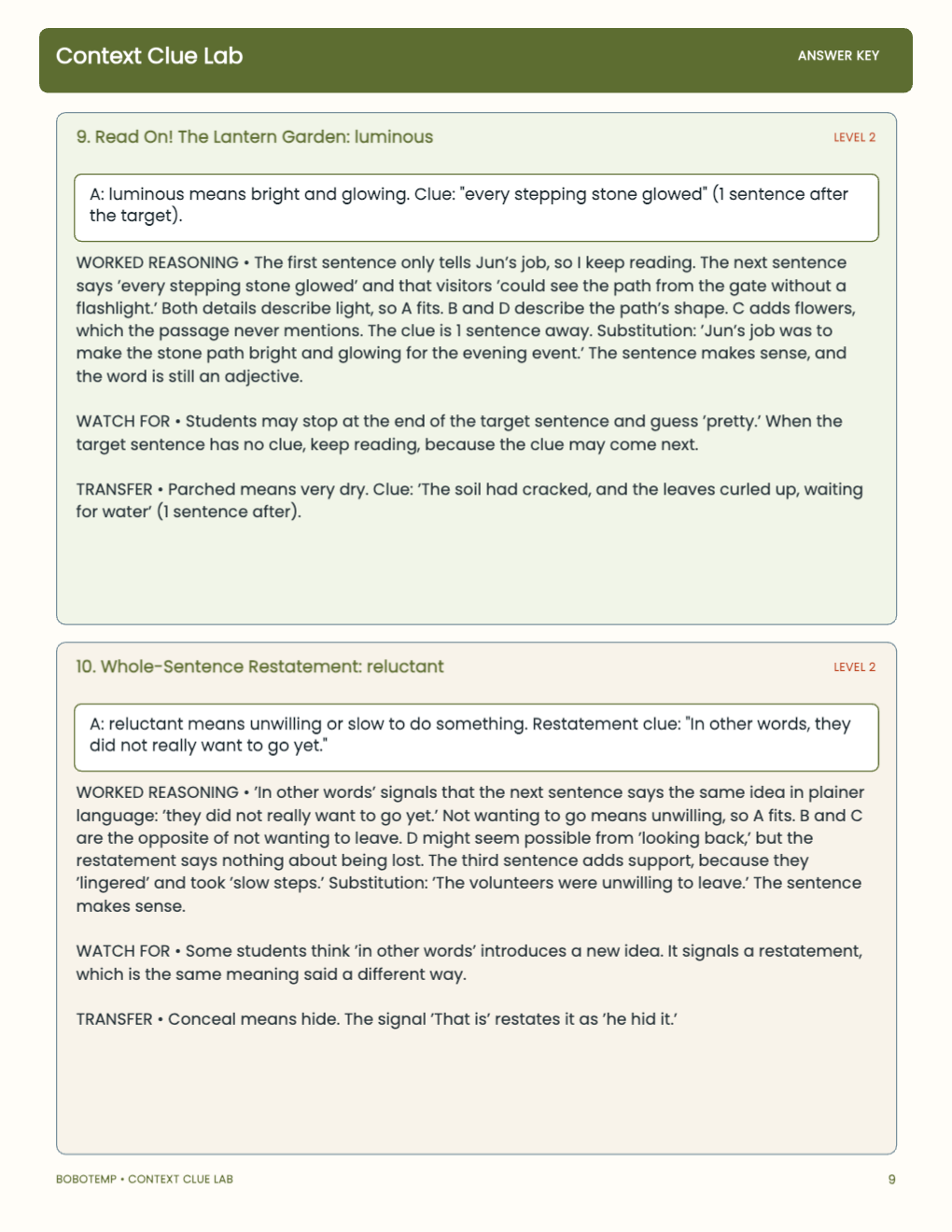 Context Clue Lab worked answer page