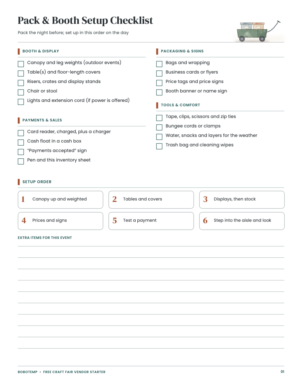 Packing and booth setup checklist in four groups with a six-step setup order