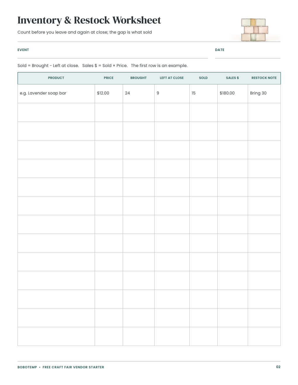 Inventory and restock table with a worked example row