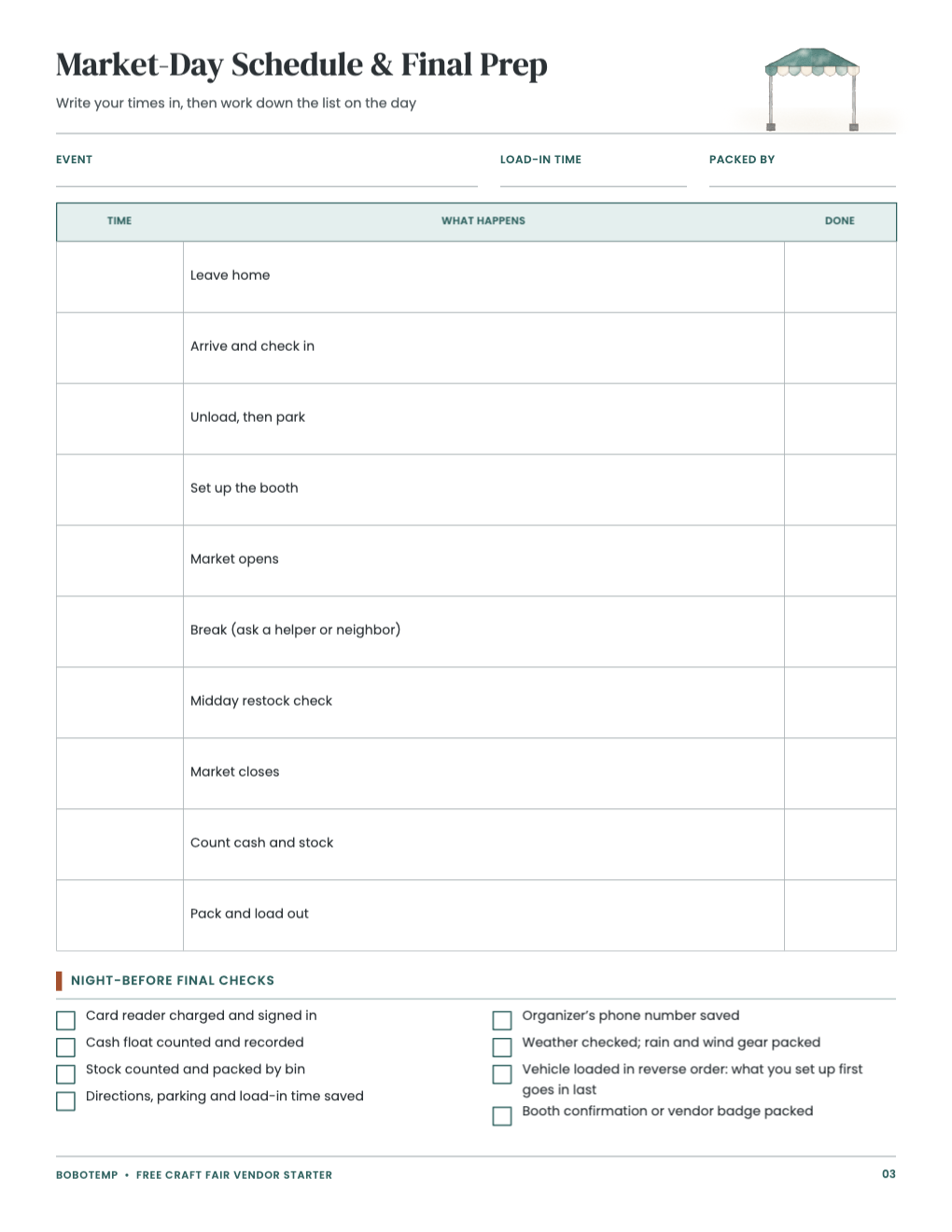 Market-day schedule with times and a night-before checklist