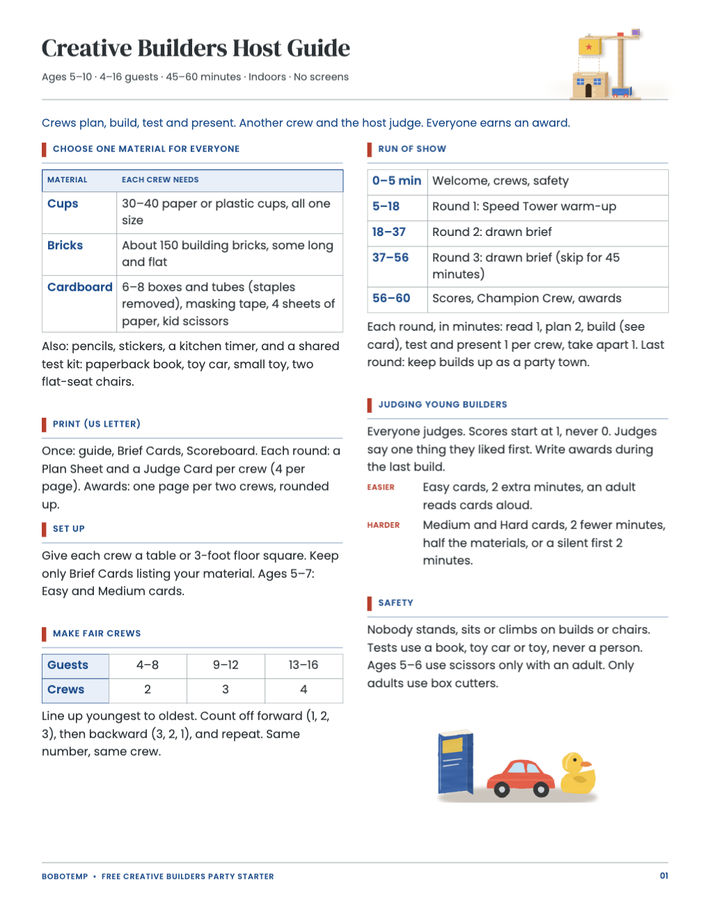 Host guide with materials, fair crews, a 60-minute run of show, judging and safety