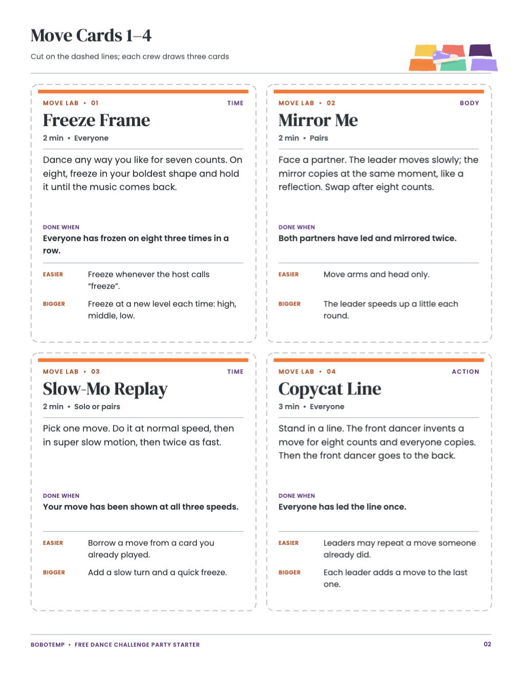 Printable movement challenge cards for a dance party