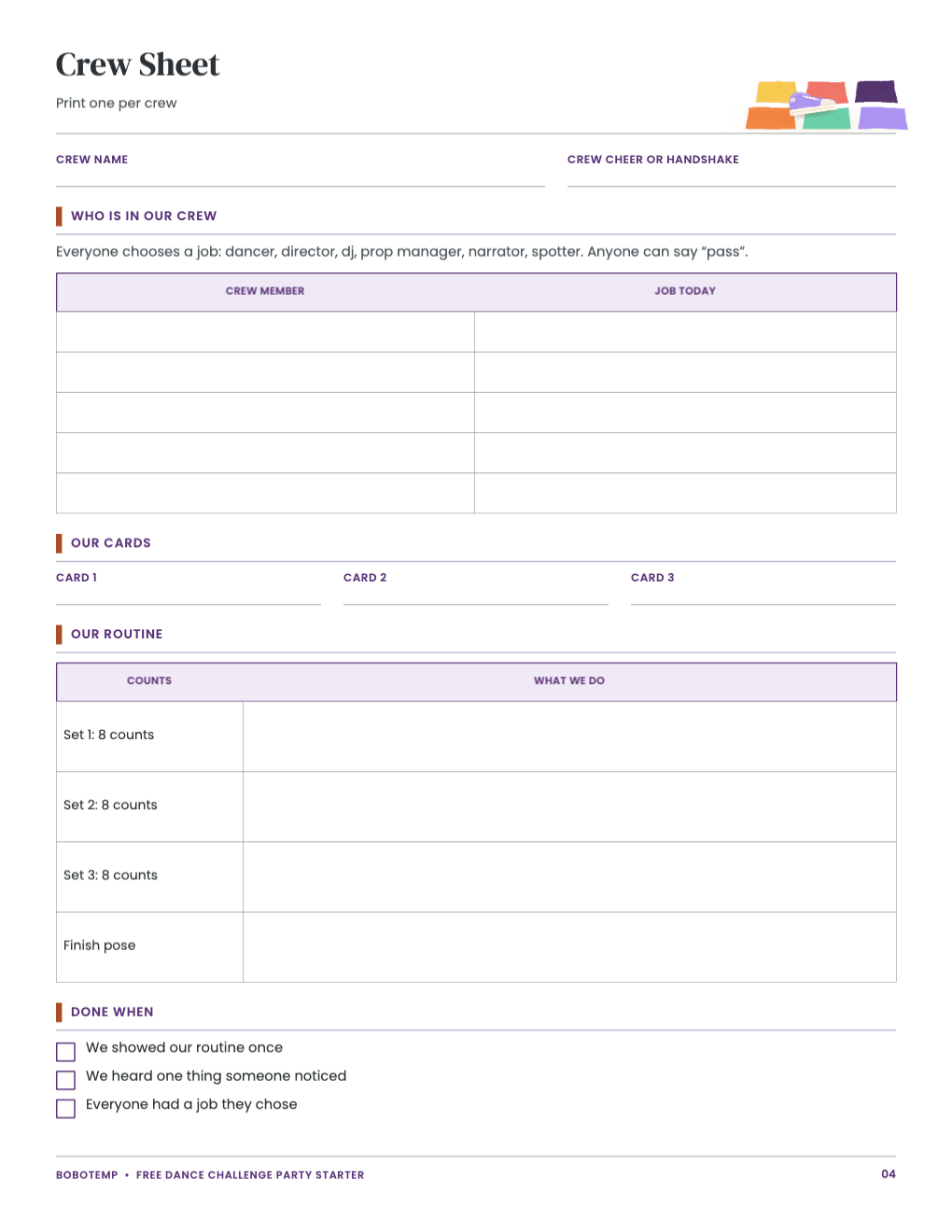 Printable dance crew planning sheet
