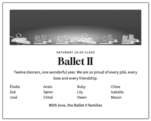 Black-and-white class tribute ad with a class photo stand-in of dance shoes and twelve first names