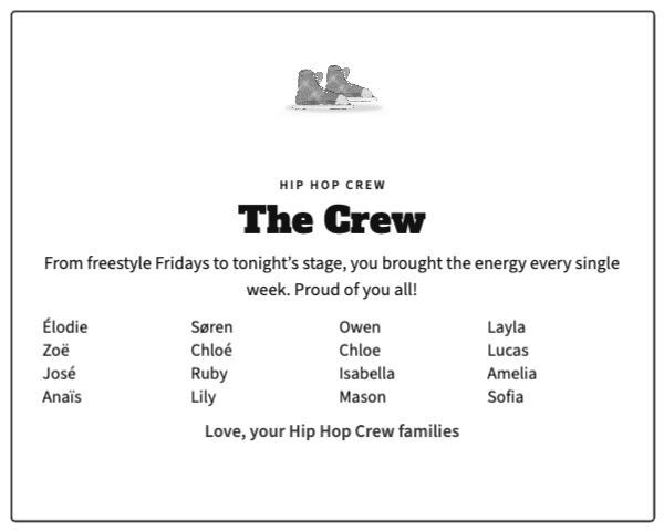 Text-only class tribute ad for a hip hop crew with painted high-tops and sixteen first names