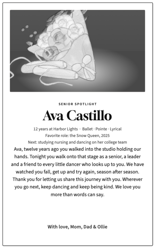 Black-and-white Senior Spotlight page with a painted bouquet still life, years at the studio and a tribute