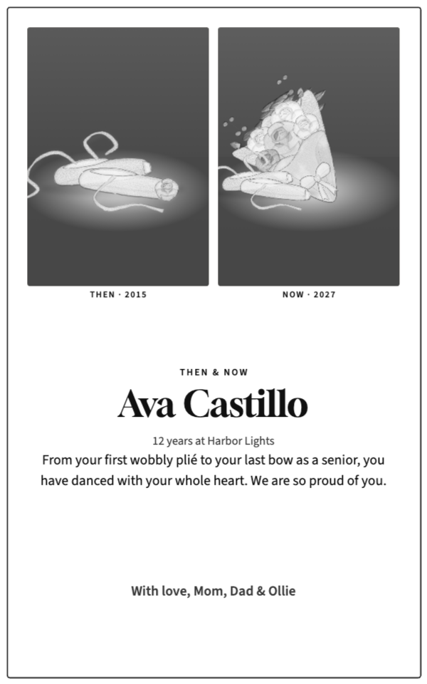 Black-and-white Then & Now page with two photo frames and a short message