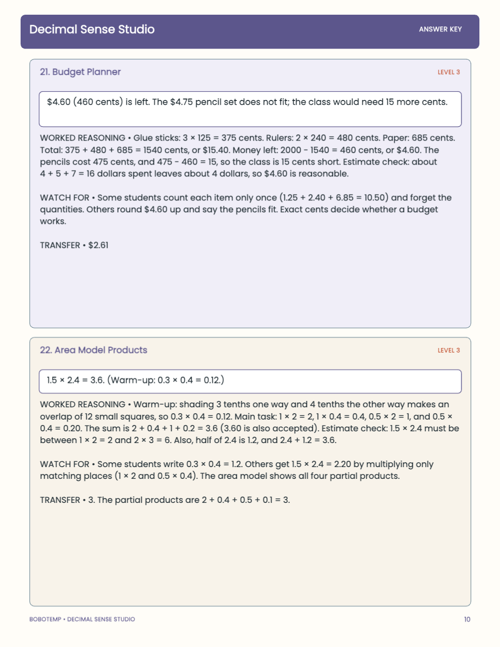 Decimal Sense Studio worked answer page