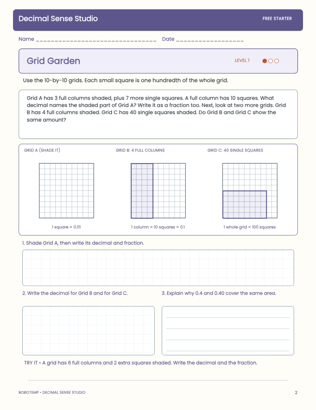 Decimal Sense Studio free activity page 1