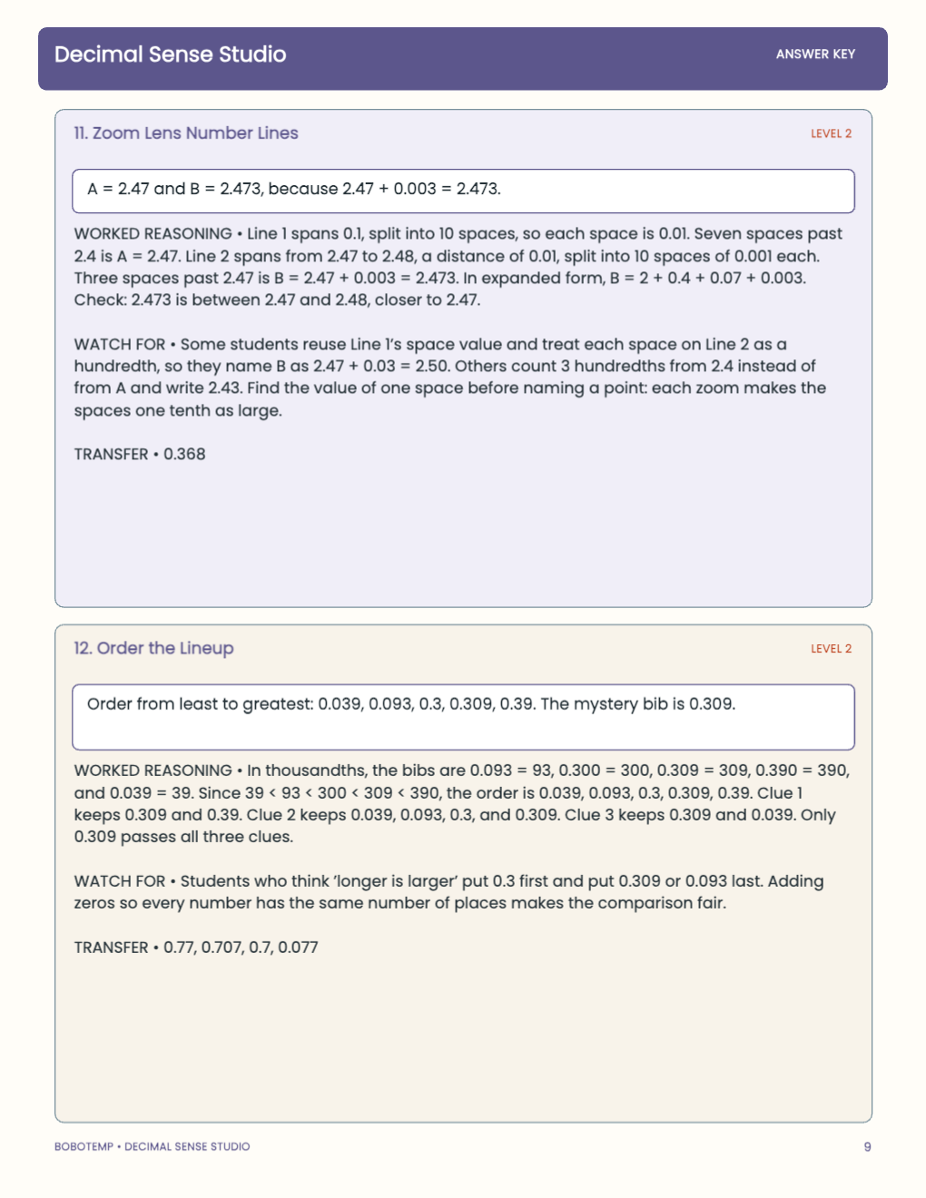 Decimal Sense Studio worked answer page