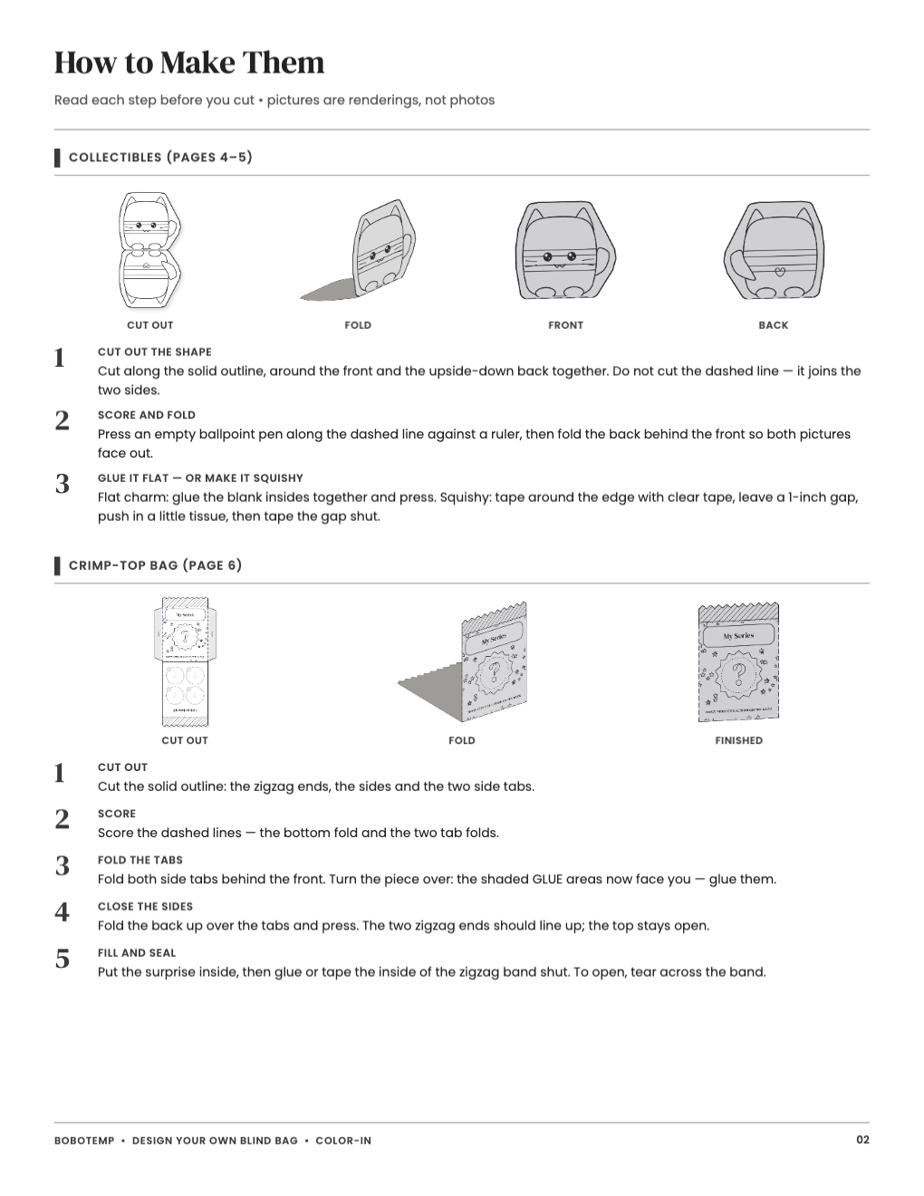 Pictured steps (renderings) for making the collectible and the bag