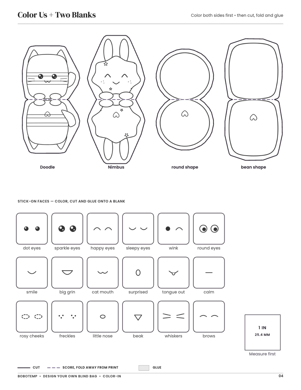 Color Us + Two Blanks: collectibles with cut and fold lines and a blank to design