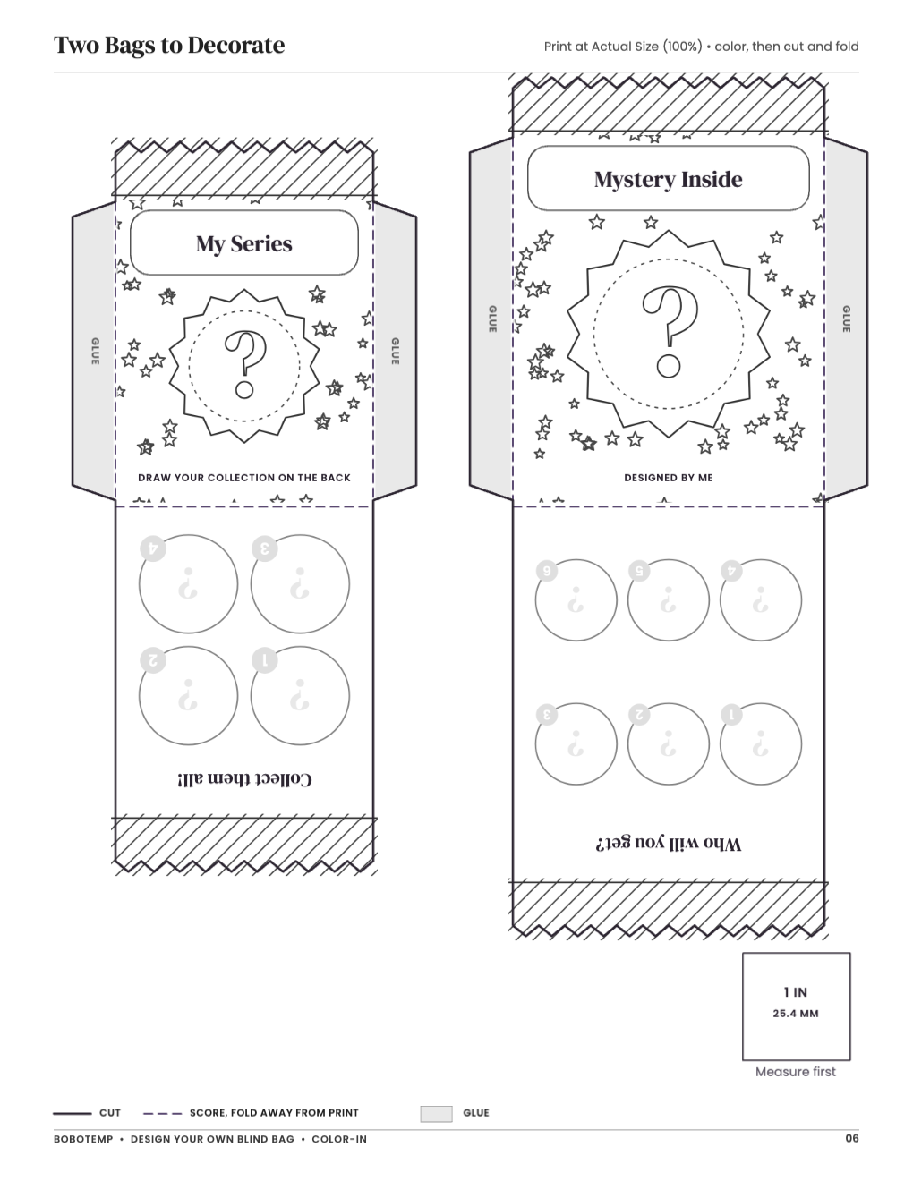 Two Bags to Decorate: bag templates with cut, score and glue lines and a 1-inch square