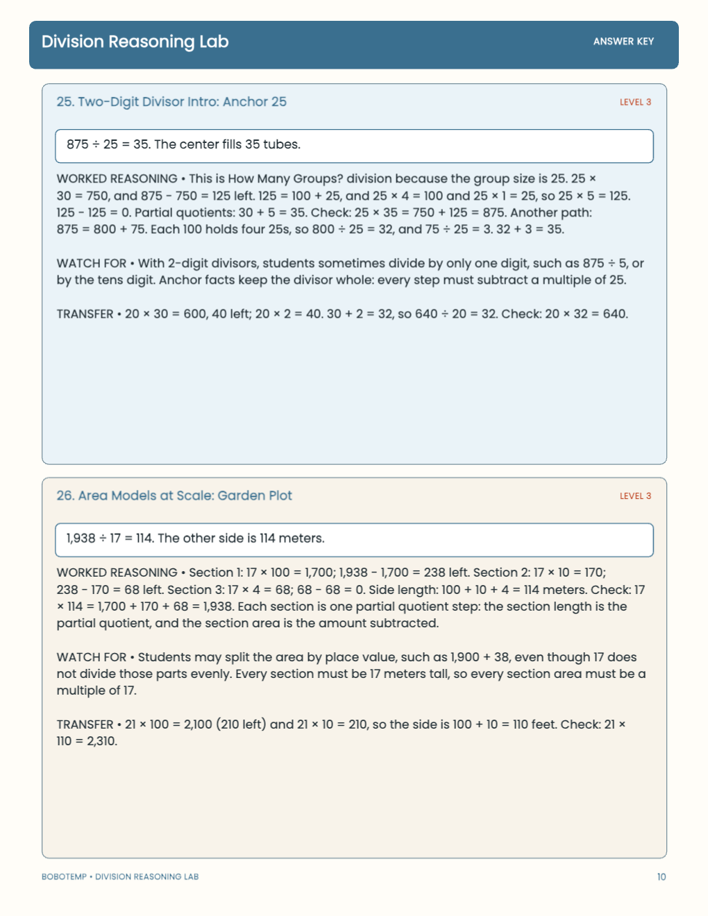 Division Reasoning Lab worked answer page