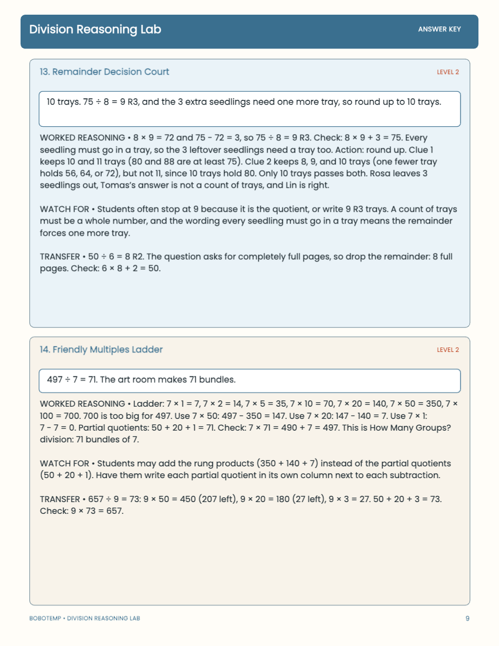 Division Reasoning Lab worked answer page