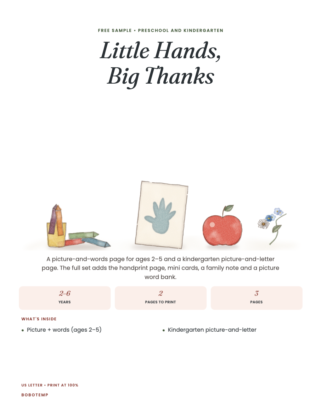 Little Hands, Big Thanks sampler cover with crayons, a painted handprint and an apple