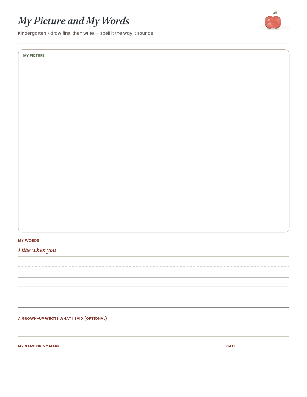 My Picture and My Words: a drawing box and primary writing lines for kindergarten