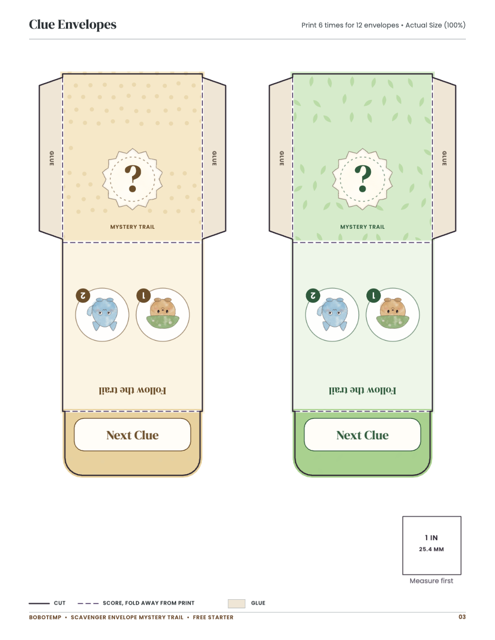 Clue Envelopes: bag templates with cut, score and glue lines and a 1-inch square