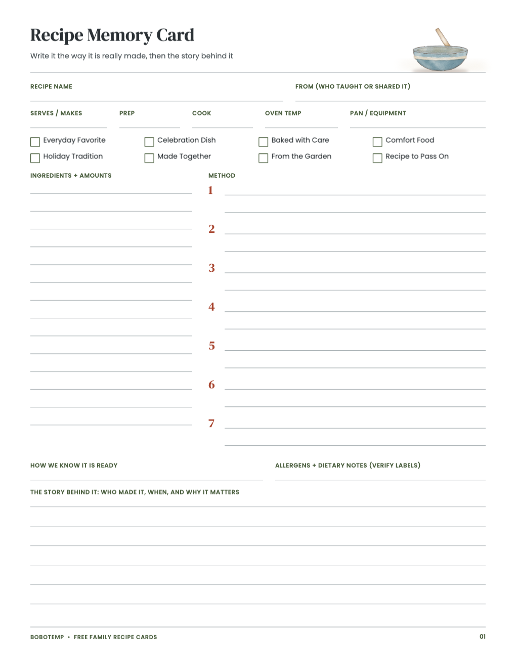 Recipe page with ingredients, seven two-line method steps and the story behind it