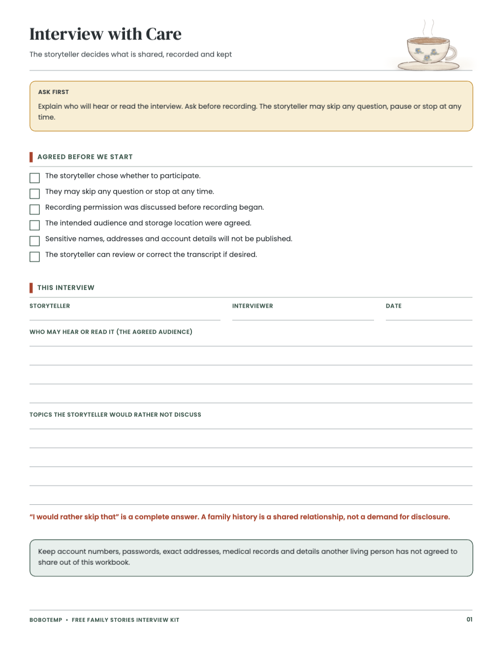 Interview with care: consent checklist and privacy note