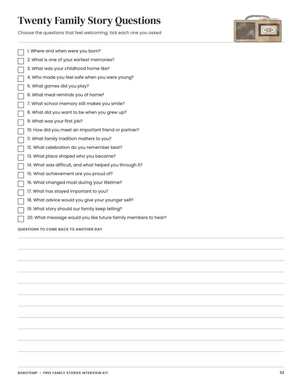 Twenty family story questions with tick boxes