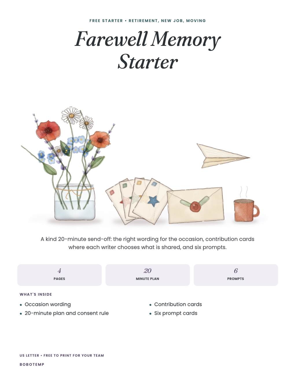 Farewell memory starter cover with a painted jar of flowers, cards, a letter, a mug and a paper plane