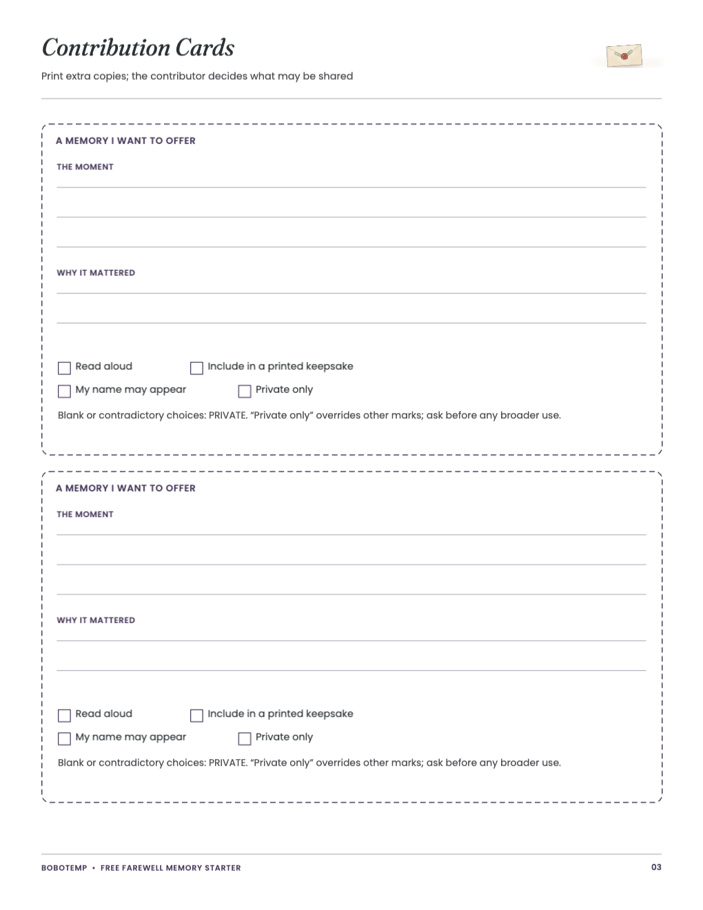 Two contribution cards with four separate sharing choices