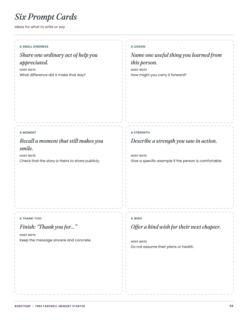 Six prompt cards with host notes