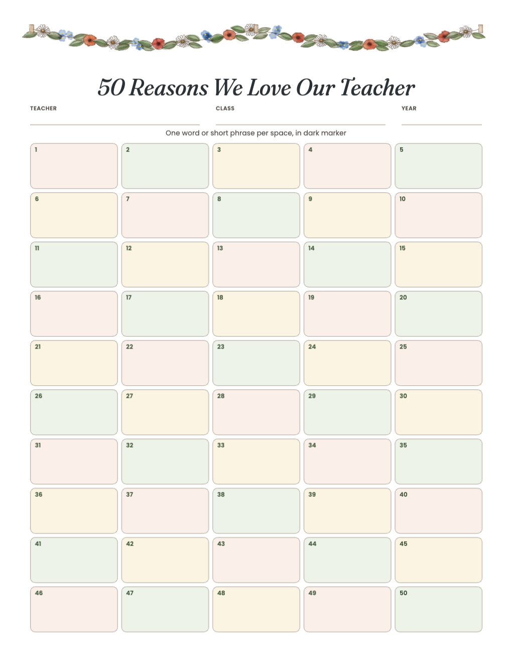 One-page poster with 50 numbered reason spaces under a painted garland
