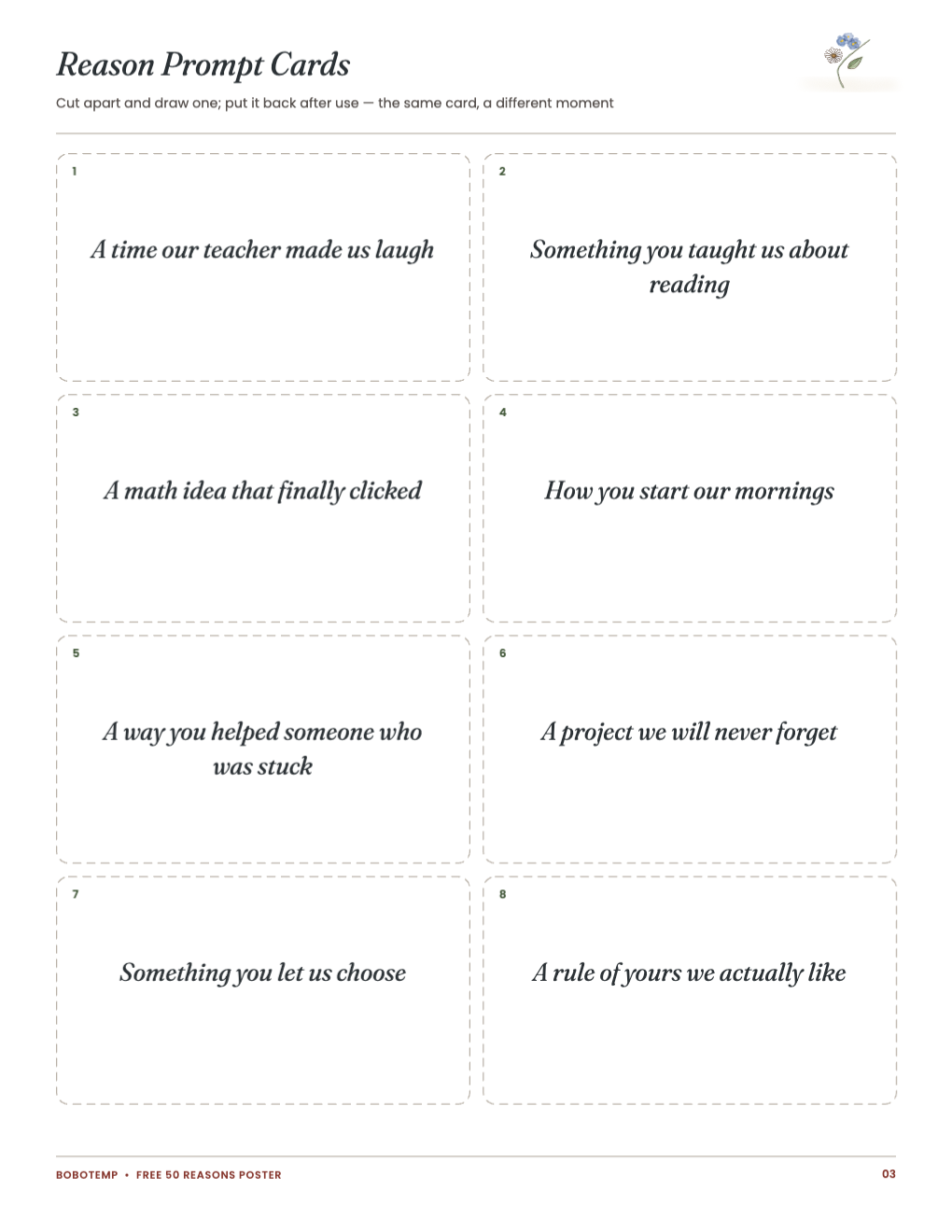 Reason prompt cards to cut apart, such as a time our teacher made us laugh