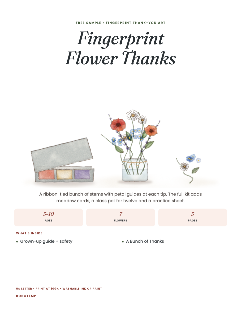 Fingerprint Flower Thanks sampler cover with an ink pad, a jar of flowers and a sprig