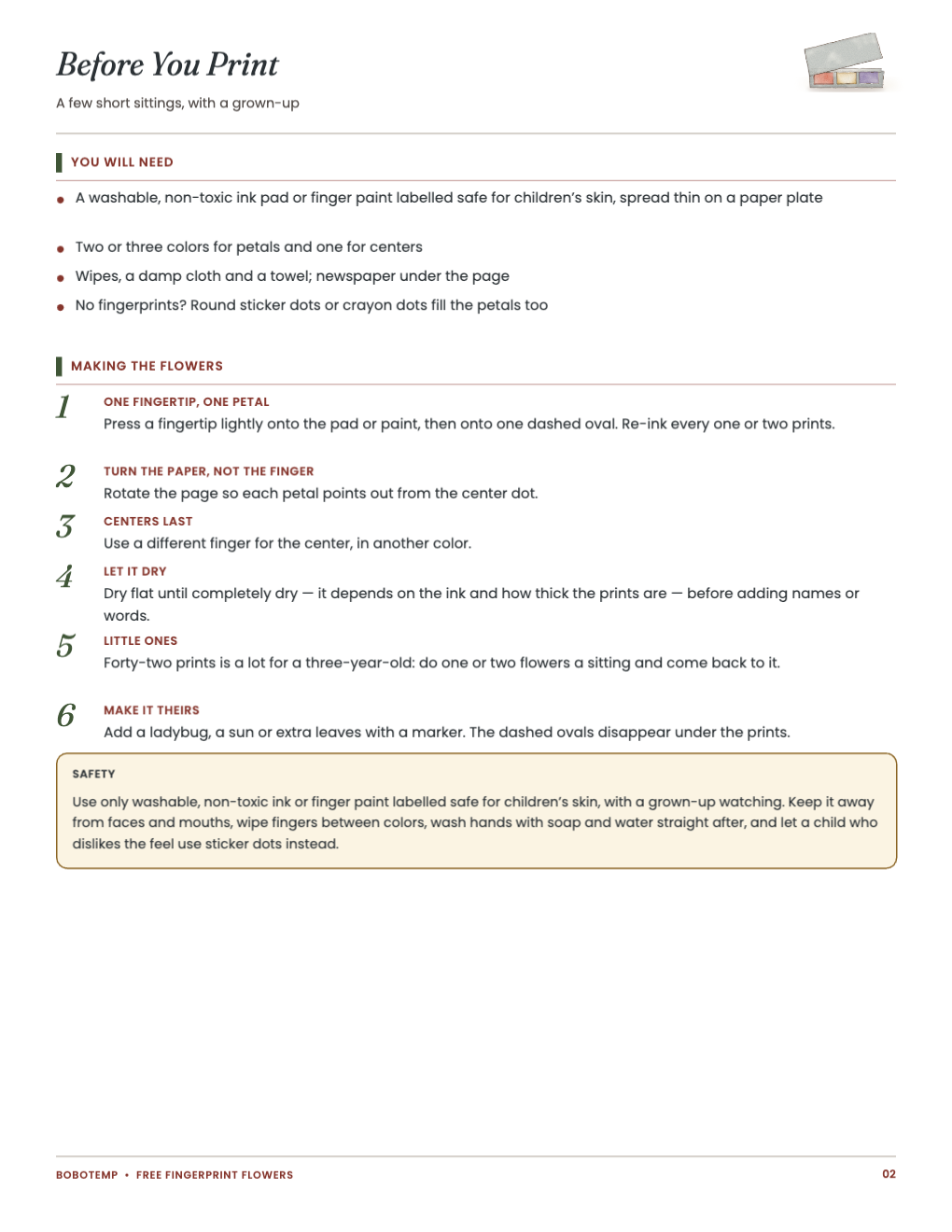 Before You Print guide: supplies, skin-safe ink, steps and no-fingerprint options