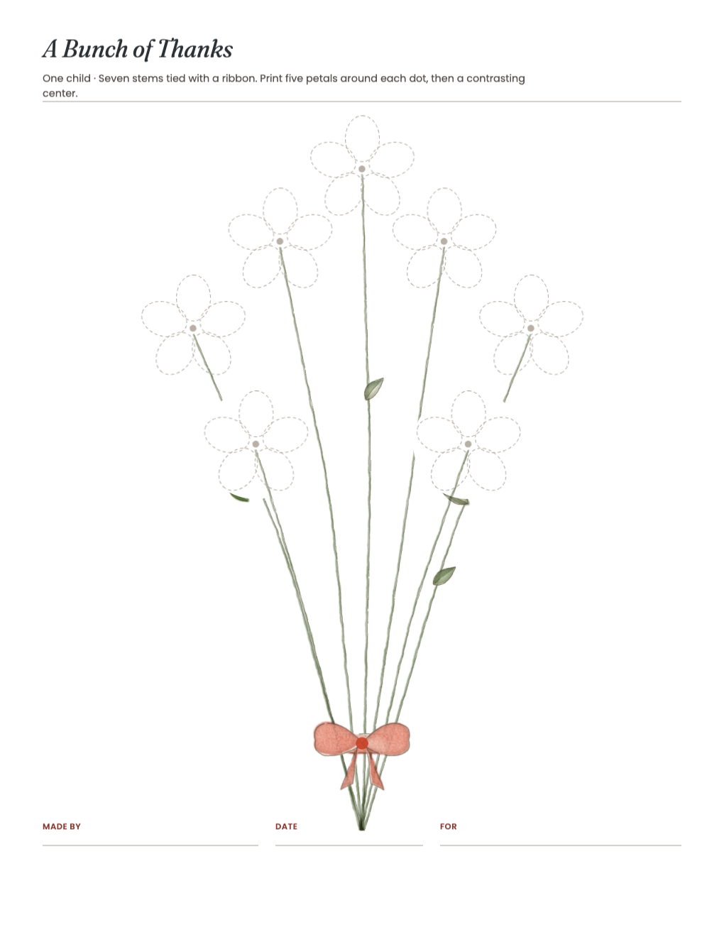 A Bunch of Thanks: seven painted stems tied with a ribbon and dashed petal guides