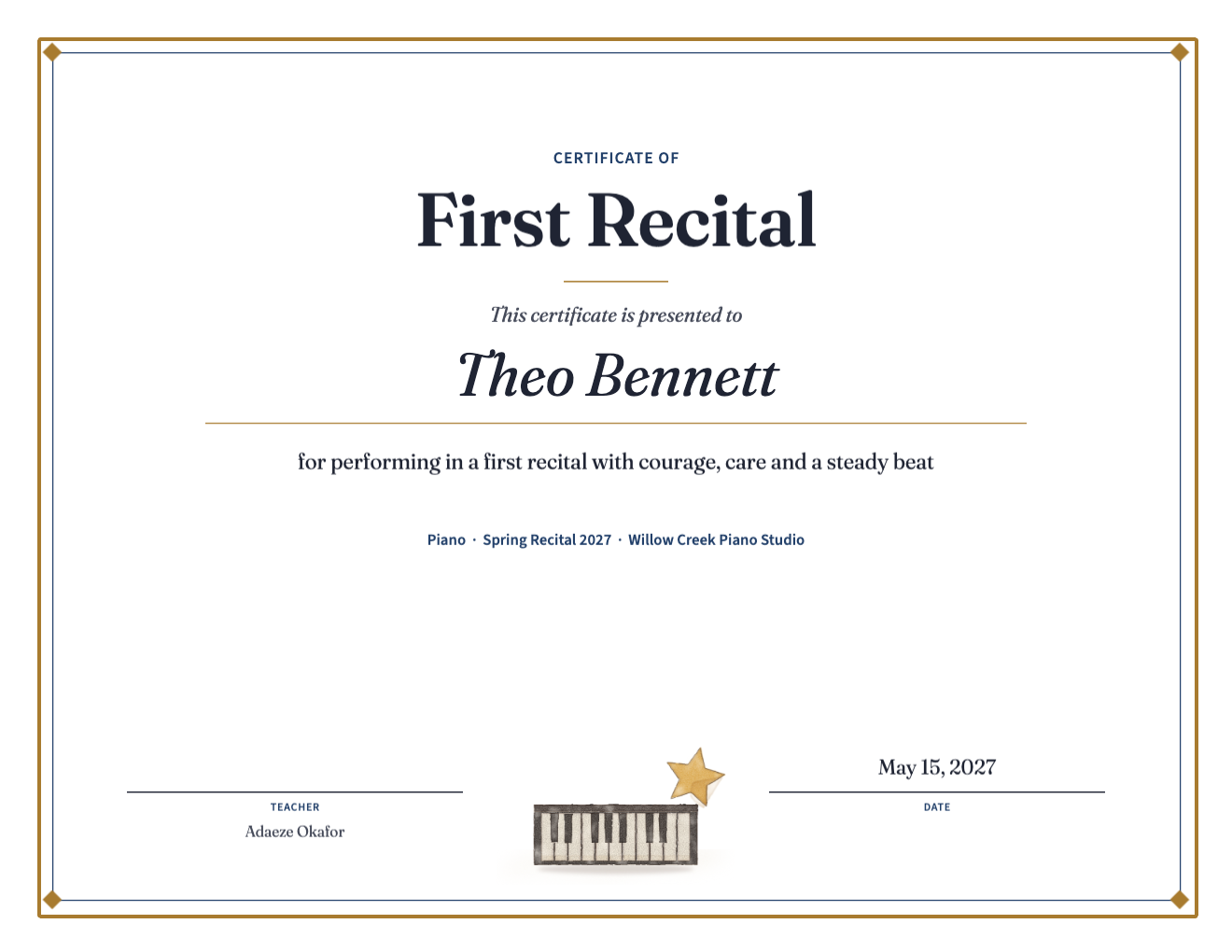First Recital certificate with a navy frame, painted piano keys and a gold star between the teacher and date lines