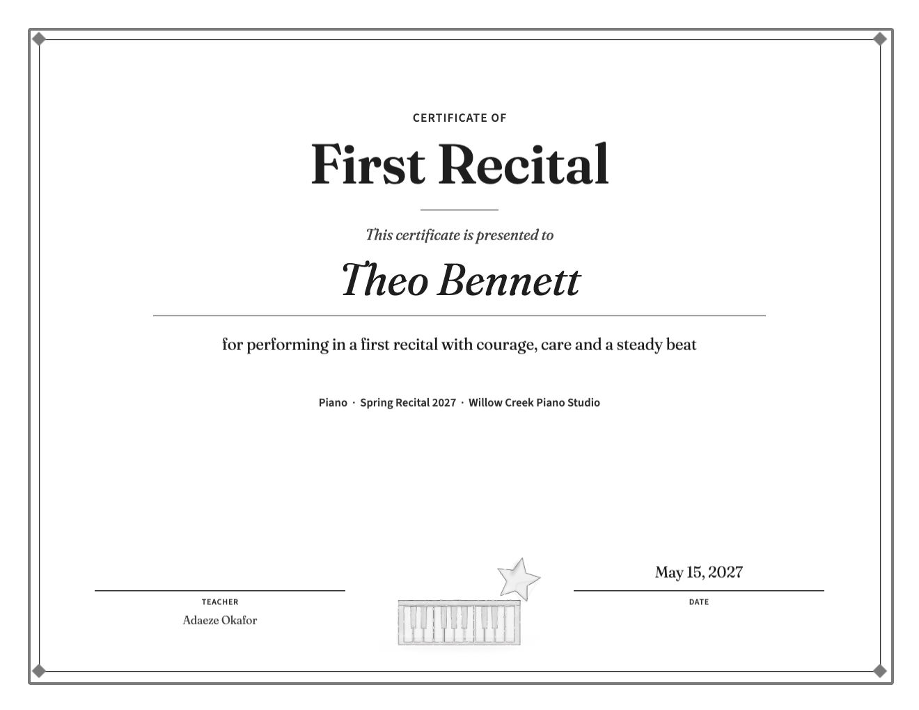 The same certificate in gray with pen-line art, for black-and-white printing