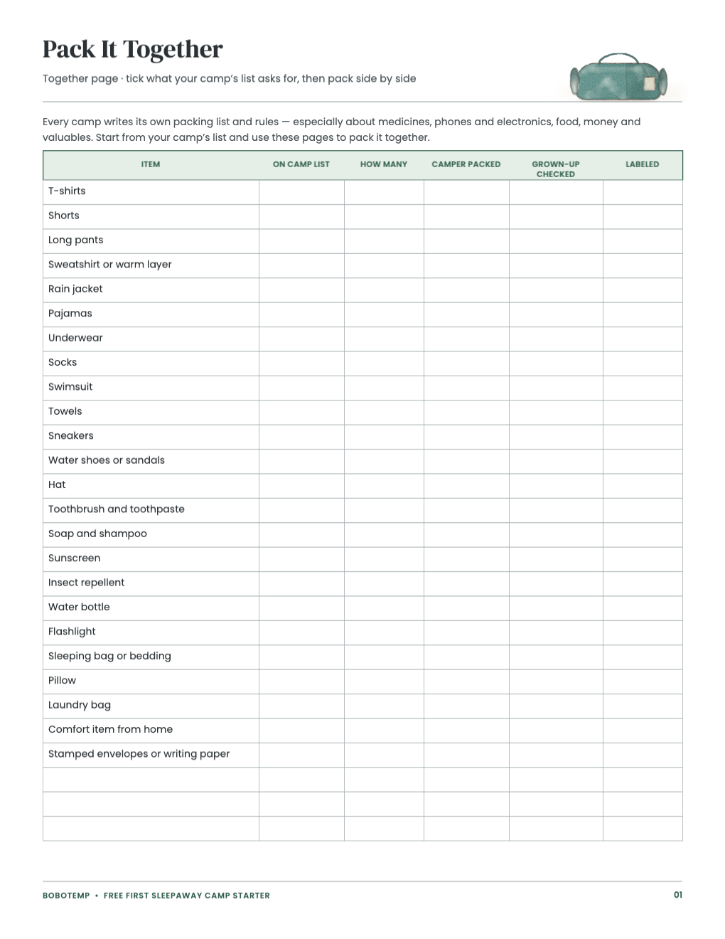 Pack-it-together worksheet with columns for the camp list, camper and grown-up