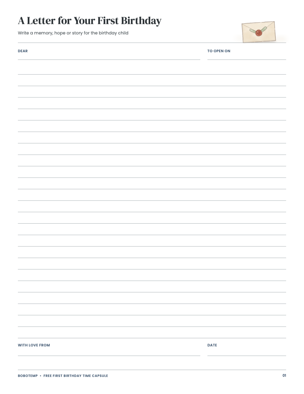 A letter for the first birthday with a "to open on" line