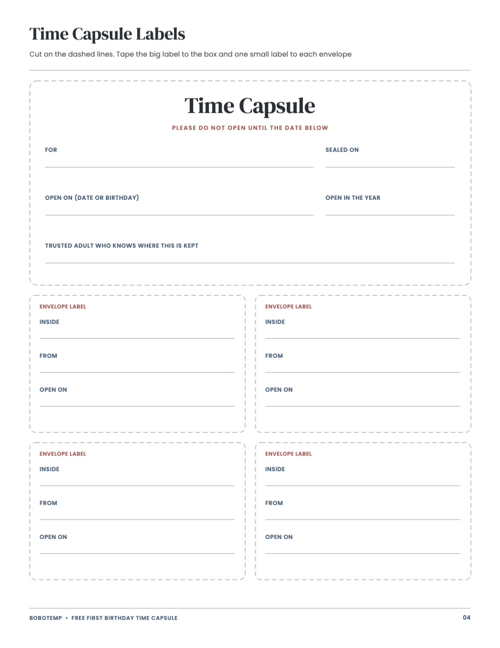 Cut-apart labels for the capsule box and four envelopes